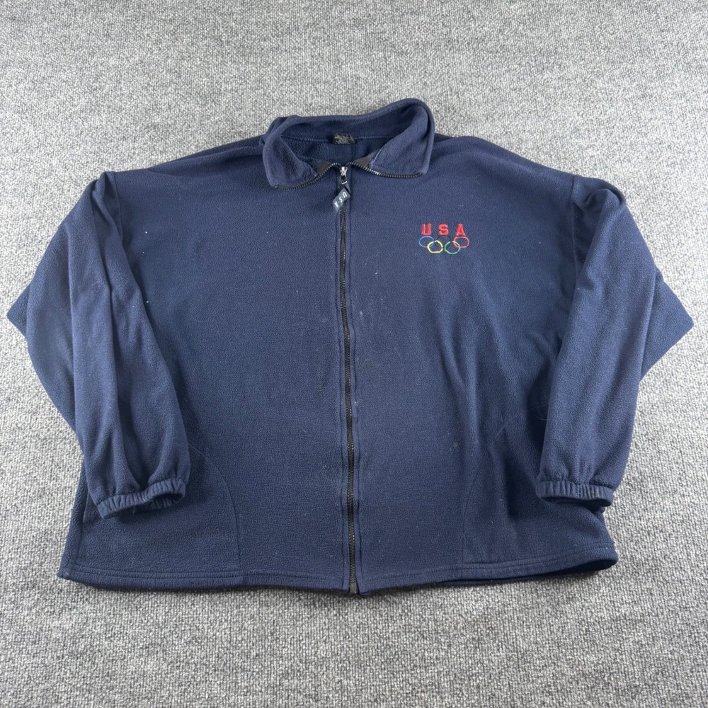 Vintage USA Olympics Fleece Jacket Navy Blue Full Zip XXL Made in USA Retro